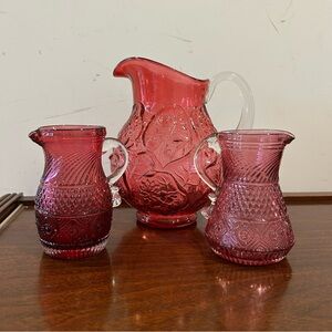 Vintage Pilgrim Glass Cranberry Pink 7.5” Pitcher & 2 4.5” Small Pitchers